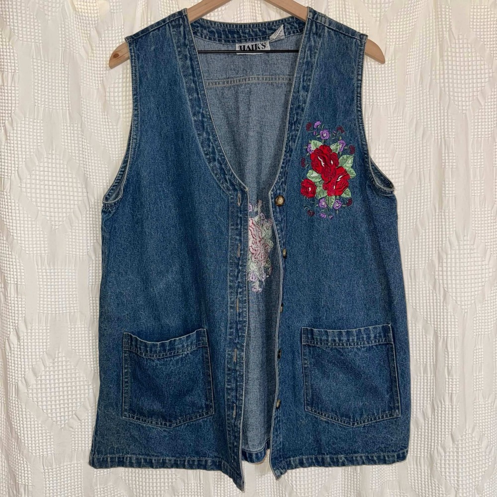 Vintage Denim Vest Blue Floral Rose Embroidered Button Med Cottage Grandma Boho